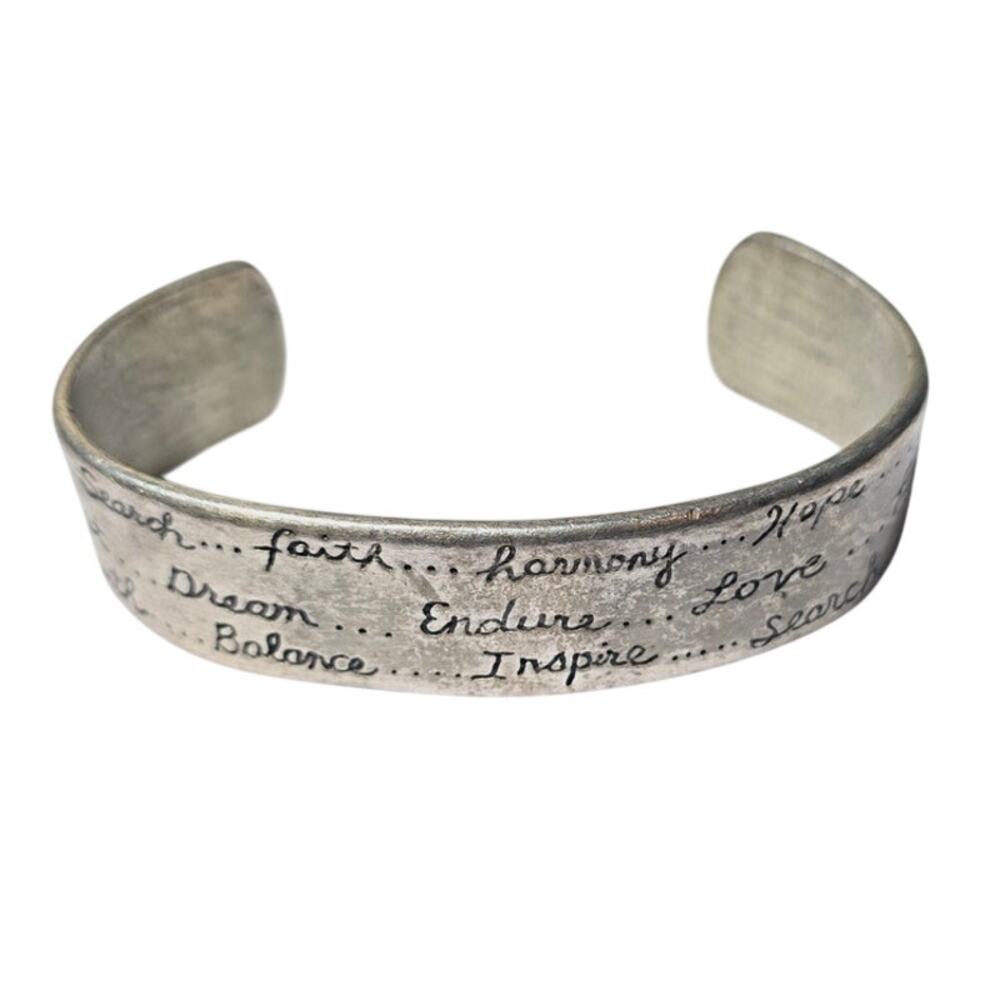 Chico’s Pewter Affirmation Cuff Bracelet Engraved Script Open Bangle Minimal